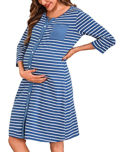 Marvmys Stillnachthemd Damen 3/4 Ärmel Geburtskleid Umstandsnachthemd Baumwolle Streifen Schlafhemd mit Durchgehender Knopfleiste Pyjama für Schwangere von Marvmys