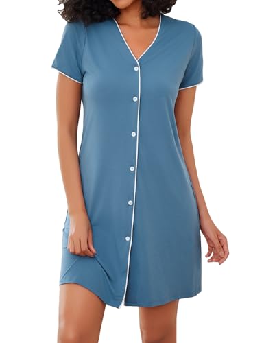 Marvmys Stillnachthemd Damen Kurzarm V Ausschnitt Umstandskleid aus Baumwolle mit Knopfleiste Lässiges Nachthemd mit Brusttasche Stil A Marvmys Stillnachthemd Damen Kurzarm V Ausschnitt Umstandskleid aus Baumwolle mit Knopfleiste Lässiges Nachthemd mit Brusttasche Stil A von Marvmys