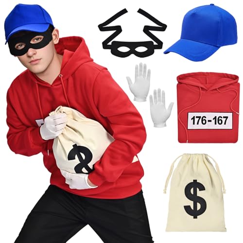 Banditen Kostüm Herren Hoodie mit Maske, Karneval Cosply Kostüm Outfit Sweatshirt Maske Set Cap Handschuhe Einbrecher Bankräuber Verkleidung für Halloween Karneval (rot(Kapuzenpullover), 2XL) von Marypaty