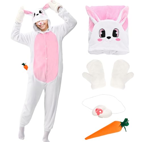 Hase Schlafanzug Jumpsuit, Kaninchen Onesie Pyjama für Erwachsene, Cartoon Tier Nachthemd mit Kaninchennase Fäustling Karotte, Hase Kostüme für Cosplay von Marypaty