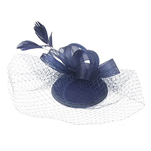 2023 Fascinator Hut Feder Mesh Tea Party Haarband für Frauen Haarband Schmal (Navy, One Size) von Mashaouyo