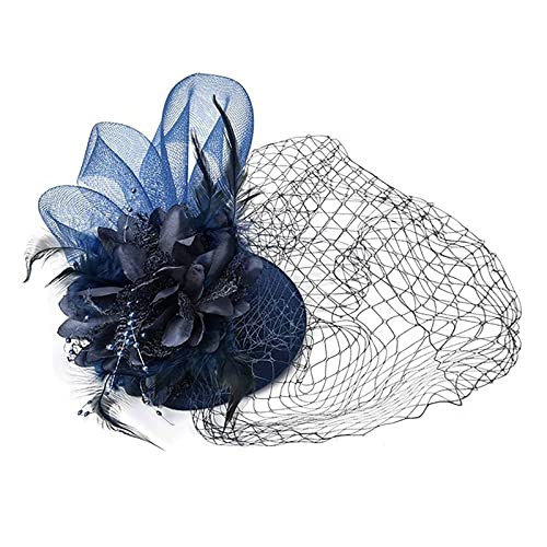 Fascinators für Frauen Tea Party Stirnband Hut Mesh Federn Haarspange für Hochzeit Cocktail und Kirche compatible with Motorrad Zubehör Damen (Navy, One Size) von Mashaouyo