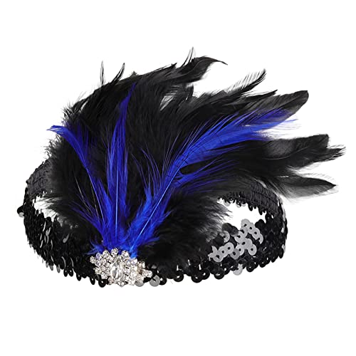 Flapper-Stirnband, schwarze Feder, Kopfschmuck, Strass-Haarband, Cocktailkopf-Accessoires für Damen Neon Outfit Damen (Blue, One Size) von Mashaouyo