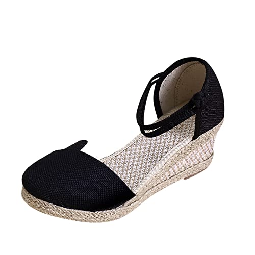 Mashaouyo Damen Keilabsatz Sandalen, Dicke Sohlen Flach rutschfest Halb geschlossene Sandalen, Leinen Strick Slide Sandalen Women's Pointed Toe Court Shoes Frauen Kleid Schuhe Mode von Mashaouyo