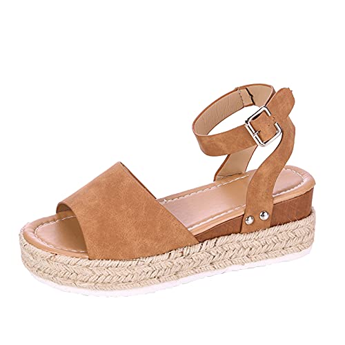 Mashaouyo Damen Keilabsatz Sandalen, Faux Leder Fischmaul offene Zehen Sandalen, Mode Aushöhlen Sling Back Wedges verstellbarem Riemen Plateau Sandalen Flache Sandalen Mode von Mashaouyo