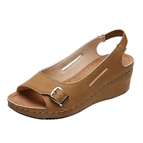 Mashaouyo Damen Keilabsatz Sandalen, Faux Leder Fischmaul offene Zehen Sandalen, Mode Aushöhlen Sling Back Wedges verstellbarem Riemen Plateau Sandalen Mode von Mashaouyo