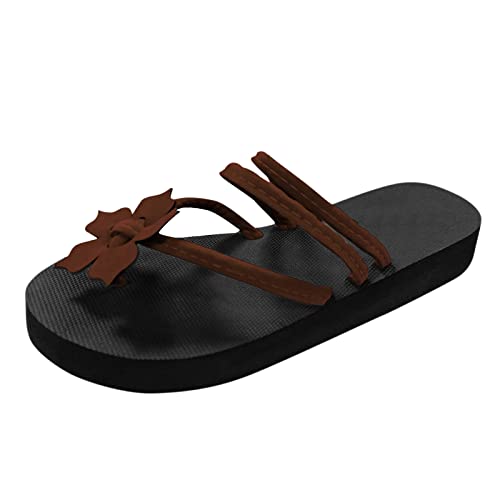 Mashaouyo Damen Pantoletten Plateau Sandalen mit Schleifen oder Blumen Plateausohle Slippers Flach rutschfest Doppelbänder Vintage Zehe Ring Sandalen Zehentrenner Anti-Rutsch Mode von Mashaouyo