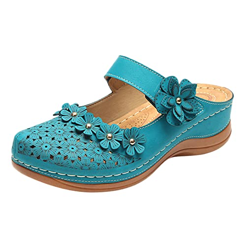 Mashaouyo Damen Pantoletten mit Weiche Fußbett, Sommer Vintage Elegant Mode Aushöhlen Schuhe Geschlossene Zehe Sommer Hausschuhe mit Schleifen oder Blumen Dicke Sohlen Slide Sandalen Mode von Mashaouyo