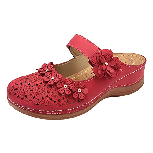 Mashaouyo Damen Pantoletten mit Weiche Fußbett, Sommer Vintage Elegant Mode Aushöhlen Schuhe Geschlossene Zehe Sommer Hausschuhe mit Schleifen oder Blumen Dicke Sohlen Slide Sandalen Mode von Mashaouyo