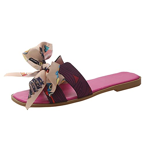 Mashaouyo Damen Sandalen, Bohemian Römersandalen Sommer Hausschuhe, Bunte druck Schleifen offene Zehen Sandalen, Leder-Laufsohle Flache Plateausohle Slippers Strandsandaletten Mode von Mashaouyo