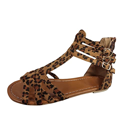 Mashaouyo Sandalen Damen Sommer, Römische Sandaletten Leopardenmuster/Einfarbig Knöchelriemen Riemchensandalen Flache Sandalen mit Gekreuzten Riemchen Elegante Sandalen Mode von Mashaouyo