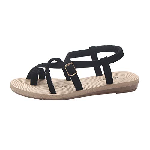 Mashaouyo Sandalen Damen Sommer mit Gekreuzten Riemchen Vintage Zehe Ring Sandalen Flache Sandalen mit Gummiband Flach rutschfest mit Schnallen-Design Frauen Sommer Offene Schuhe Mode von Mashaouyo