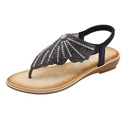 Mashaouyo Sandalen Damen Sommer rutschfest Open Toe Freizeit Zehentrenner Glitzer Bohemian Römersandalen mit Strass Perlen Flache Sandalen Frauen Sommer Offene Schuhe Mode von Mashaouyo