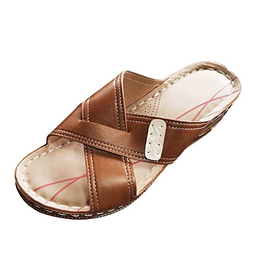 Mashaouyo Sommer Hausschuhe, Faux Leder Gekreuzten Riemchen Weichen Sohlen Pantoletten Flache Slippers, Sommer Vintage Elegant rutschfest Open Toe Sommerschuhe Größe 37-42 Mode von Mashaouyo