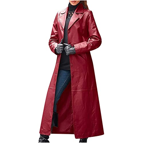 Ledermantel Damen Windjacke aus einfarbigem Kunstleder Winterjacke mit langem Anzugkragen Langarm Leder Strickjacke Gothic Trenchcoat Einreihige Übergangsjacke Motorradjacke Bomberjacke Cardigan von Masrin