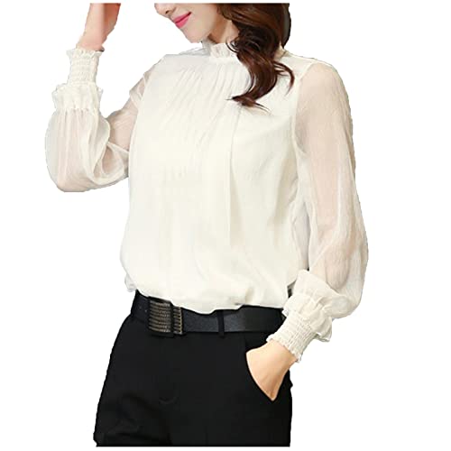 Masrin Bluse Damen Lässiges einfarbiges Chiffon Hemd T Shirt mit Netz Nähten Pullover mit Stehkragen und Puffärmeln Frühlings Herbst Langarm Shirt Business Tops Partykleidung Crop Tops von Masrin