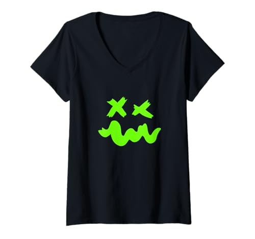 Damen Grünes Grunge-Gesicht, gewelltes Lächeln, grüne Grafik T-Shirt mit V-Ausschnitt Damen Grünes Grunge-Gesicht, gewelltes Lächeln, grüne Grafik T-Shirt mit V-Ausschnitt von Match Green Color Graphic Tee