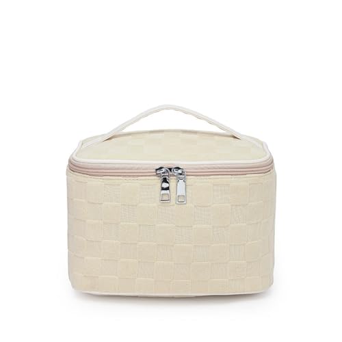 Mateju Jacquard-Plaid Kosmetiktasche, Polyester Kulturtasche Damen,Tragbare Kulturbeutel, Make up Tasche, Kosmetiktasche Klein mit Reißverschluss, für Mädchen Damen Herren (Beige,23 * 15 * 15CM) von Mateju