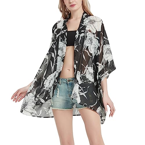 Damen-Kimono, lockerer Druck, Chiffon, Strand, Schwimmen, Abdeckung, Cardigan, Capes, Bluse, Tops, Schwarz mit weißem Blumenmuster., Einheitsgröße Plus Damen-Kimono, lockerer Druck, Chiffon, Strand, Schwimmen, Abdeckung, Cardigan, Capes, Bluse, Tops, Schwarz mit weißem Blumenmuster., Einheitsgröße Plus von Max Hsuan