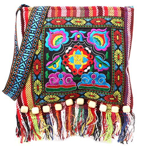 Maxtonser Clutch-Geldbörse, Cross-Body-Umhängetasche mit besticktem Design-chinesische Hmong-Thai-Stickerei Hill Tribe für Totes Messenger Quasten Tasche Boho Hippie,Rot von Maxtonser