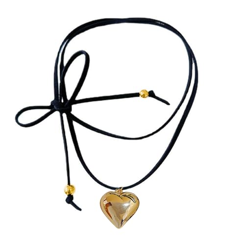 Maxtonser Liebes-Herz-Anhänger-Halskette, schwarzes Wachsseil, Choker-Halsketten für Frauen, elegantes Zugseil, verstellbare Schlüsselbeinkette, Gold S von Maxtonser