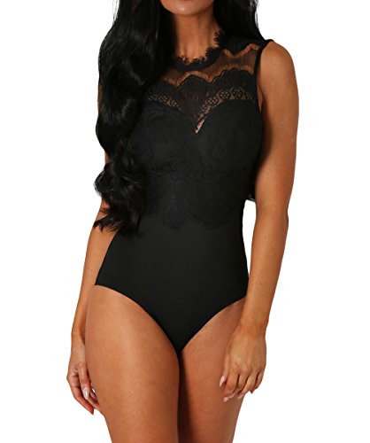 May Story Damen Weiß Rückenfrei Spitze Bodysuit Damenbody ärmellos Elegant Oberteil (L EU44-46, Schwarz) von May Story