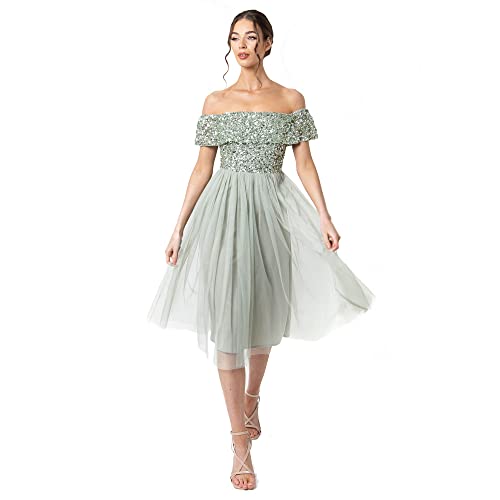 Maya Deluxe Damen Bardot - Midi-Kleid mit Verzierungen Bridesmaid Dress, Green Lily, 42 EU von Maya Deluxe
