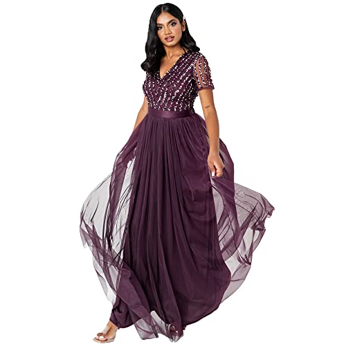 Maya Deluxe Women's Damen Maxi Ladies V-Neck Plus Size Ball Gown Short Sleeves Long Elegant Empire Waist Bridesmaid Dress, Berry, 40 von Maya Deluxe