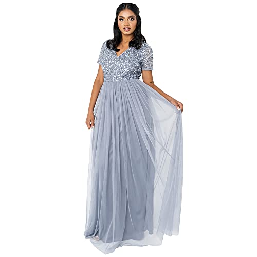 Maya Deluxe Damen Dusty Blue V Neckline Embellished Maxi Dress Brautjungfernkleid, Blau, 56 EU von Maya Deluxe