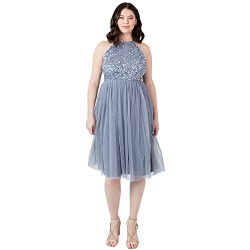 Maya Deluxe Damen Embellished Halter Neck Midi Dress Brautjungfernkleid, Dusty Blue, 36 von Maya Deluxe