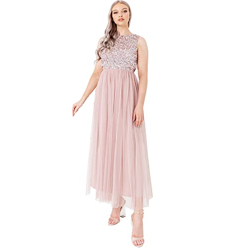 Maya Deluxe Vrouwen Midaxi Jurk Dames Mouwloze Pailletten Hoge Empire Taille Tule Versierd voor Bruiloft Gast Bal Bruidsmeisje, Bessen, 56 von Maya Deluxe