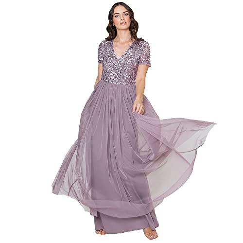 Maya Deluxe Abendkleid mit Pailletten Cocktailkleid Damen mit V-Ausschnitt Tüllkleid Lila Größe 40 von Maya Deluxe