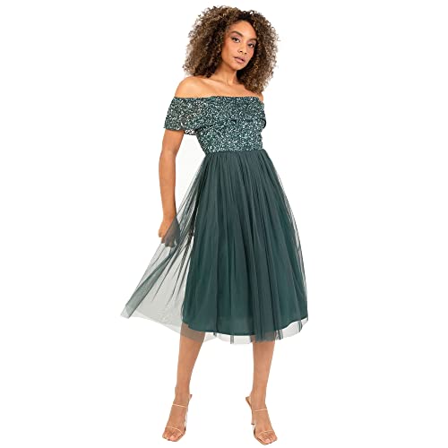 Maya Deluxe Damen Ladies Bardot Dresses Women Midi High Empire Waist Sequins Embellished Formal Evening for Wedding Guest Brautjungfernkleid, Emerald Green, 22 von Maya Deluxe