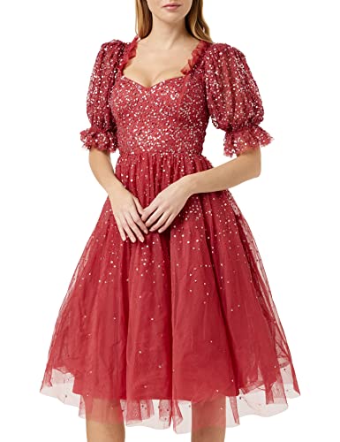 Maya Deluxe Damen Ladies Dress Women Midi Sequin Embellished Frilly Sweetheart Neckline Puffed Sleeves for Wedding Guest Prom Evening Kleid, Vermillion, 10 von Maya Deluxe