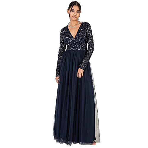 Maya Deluxe Damen Ladies Maxi Dress For Women With Long Sleeves V Neckline Plunging Sequin Embellished For Wedding Gue Kleid, Navy, 52 EU von Maya Deluxe