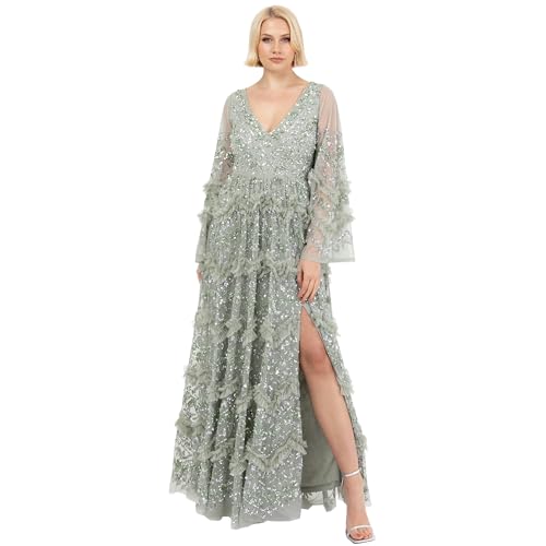 Maya Deluxe Damen Ladies Womens Maxi Dress V Neckline Sequin with Ruffle Empire Waist Slit Split for Prom Ball Bridesmaid Wedding Guest Kleid, Grüne Lilie, 52 Maya Deluxe Damen Ladies Womens Maxi Dress V Neckline Sequin with Ruffle Empire Waist Slit Split for Prom Ball Bridesmaid Wedding Guest Kleid, Grüne Lilie, 52 von Maya Deluxe
