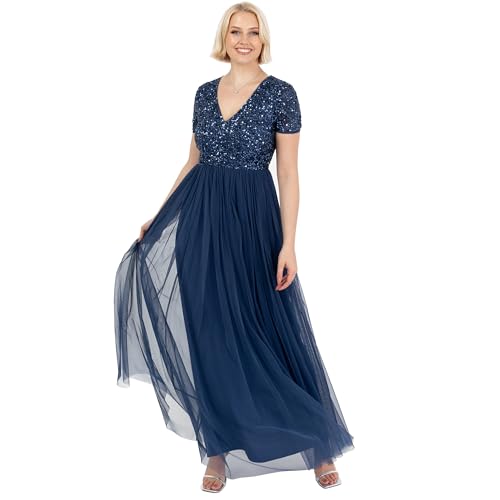 Maya Deluxe Damen-Maxikleid mit V-Ausschnitt, verziert, V-Ausschnitt, Kurze Ärmel, Empire-Taille, Abschlussball, Abschlussfeier, Brautjungfer, Hochzeitsgast, French Navy, Größe 44, French Navy, 42 von Maya Deluxe