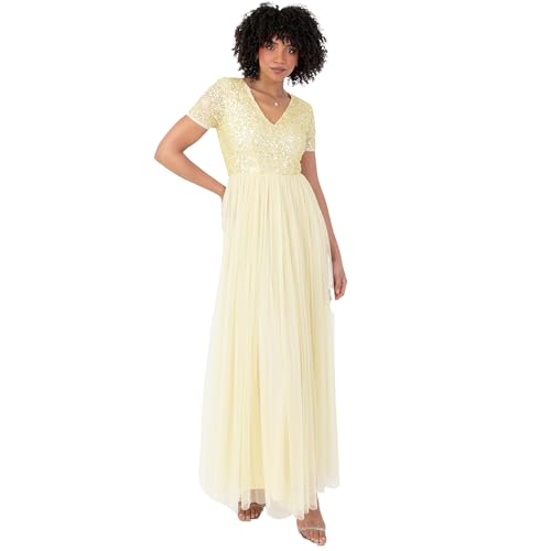 Maya Deluxe Damen-Maxikleid mit V-Ausschnitt, verziert, V-Ausschnitt, Kurze Ärmel, Empire-Taille, Abschlussball, Abschlussfeier, Brautjungfer, Hochzeitsgast, Zitrone, Größe 28, zitronengelb, 54 von Maya Deluxe