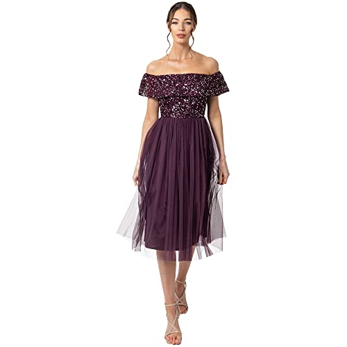 Maya Deluxe Damen Maya Deluxe Bardot Embellished Midi Bridesmaid Dress, Berry, 32 EU von Maya Deluxe