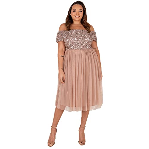 Maya Deluxe Damen Maya Deluxe Bardot Embellished Midi Bridesmaid Dress, Taupe Blush, Gr. 38 EU von Maya Deluxe