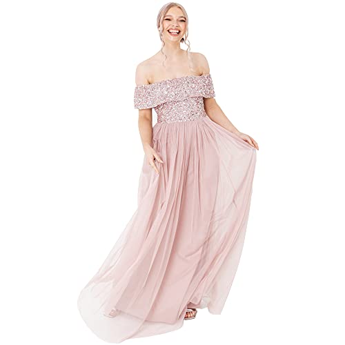 Maya Deluxe Damen Maya Deluxe Evening Women's Bardot Sequin Embellishment Evening Elegant Bridesmaid Dress, Frosted Pink, 40 EU von Maya Deluxe