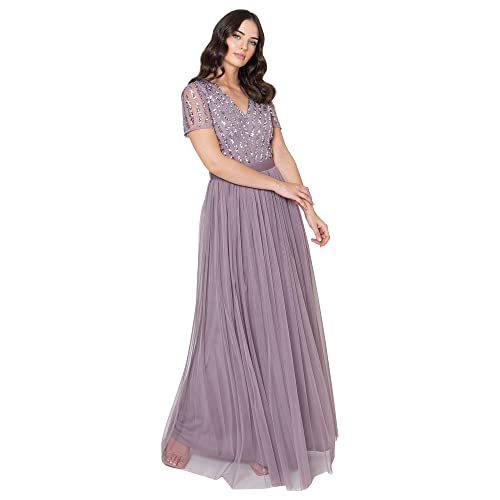 Maya Deluxe Damen Maya Deluxe Maxi Dress for Women Ladies Braidesmaid V-neck Plus Size Ball Gown Short Sleeves Long El Brautjungfernkleid, Moody Lilac, 36 EU von Maya Deluxe