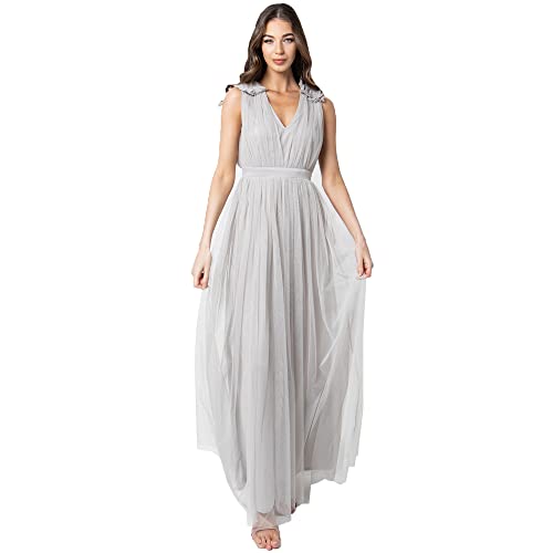 Maya Deluxe Damen Maya Deluxe Ruffle Shoulder Maxi Dress Brautjungfernkleid, Soft Grey, 44 EU von Maya Deluxe