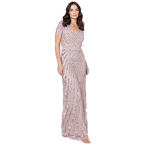 Maya Deluxe Damen Maxi Dames Embellished Sequin Jurk Lange Korte Mouwen V-hals Hoge Empire Waist Cut Shiny Prom Wedd Brautjungfernkleid, Frosted Pink, 50 EU von Maya Deluxe