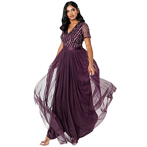 Maya Deluxe Damen Maya Deluxe Stripe Embellished Maxi With Sash Belt Bridesmaid Dress, Berry, 46EU / 18UK von Maya Deluxe