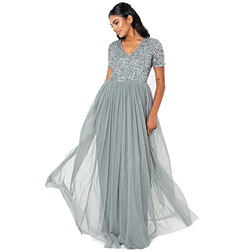 Maya Deluxe Abendkleid mit Pailletten Cocktailkleid Damen mit V-Ausschnitt Tüllkleid Grün Größe 50 von Maya Deluxe