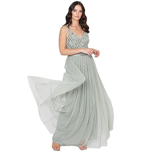 Maya Deluxe Damen Maxi Abendkleid Elegant Für Hochzeit Mit V-ausschnitt Tüllkleid Schleife Brautjungfernkleid, Green Lily, 48 EU von Maya Deluxe