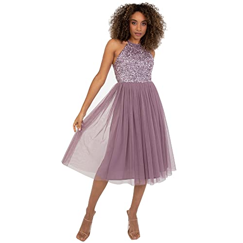 Maya Deluxe Damen Maya Deluxe Women's Midi Dress With Halter Neck Tulle for Evening Graduation Prom Wedding Bridesmaid Brautjungfernkleid, Moody Lilac, 34 EU von Maya Deluxe