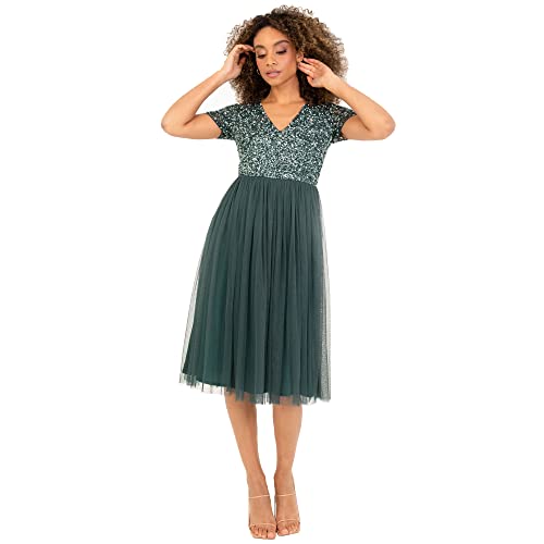 Maya Deluxe Damen Midi-Kleid mit V-Ausschnitt, Verziert Brautjungfernkleid, Emerald Green, 56 von Maya Deluxe