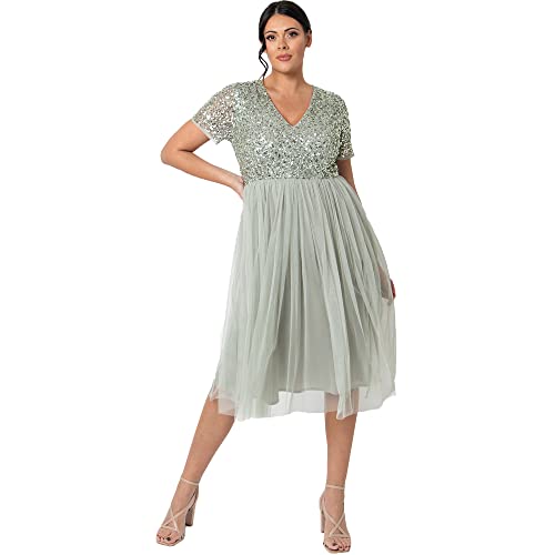 Maya Deluxe Damen Midi-Kleid mit V-Ausschnitt, Verziert Brautjungfernkleid, Grüne Lilie, 44 von Maya Deluxe